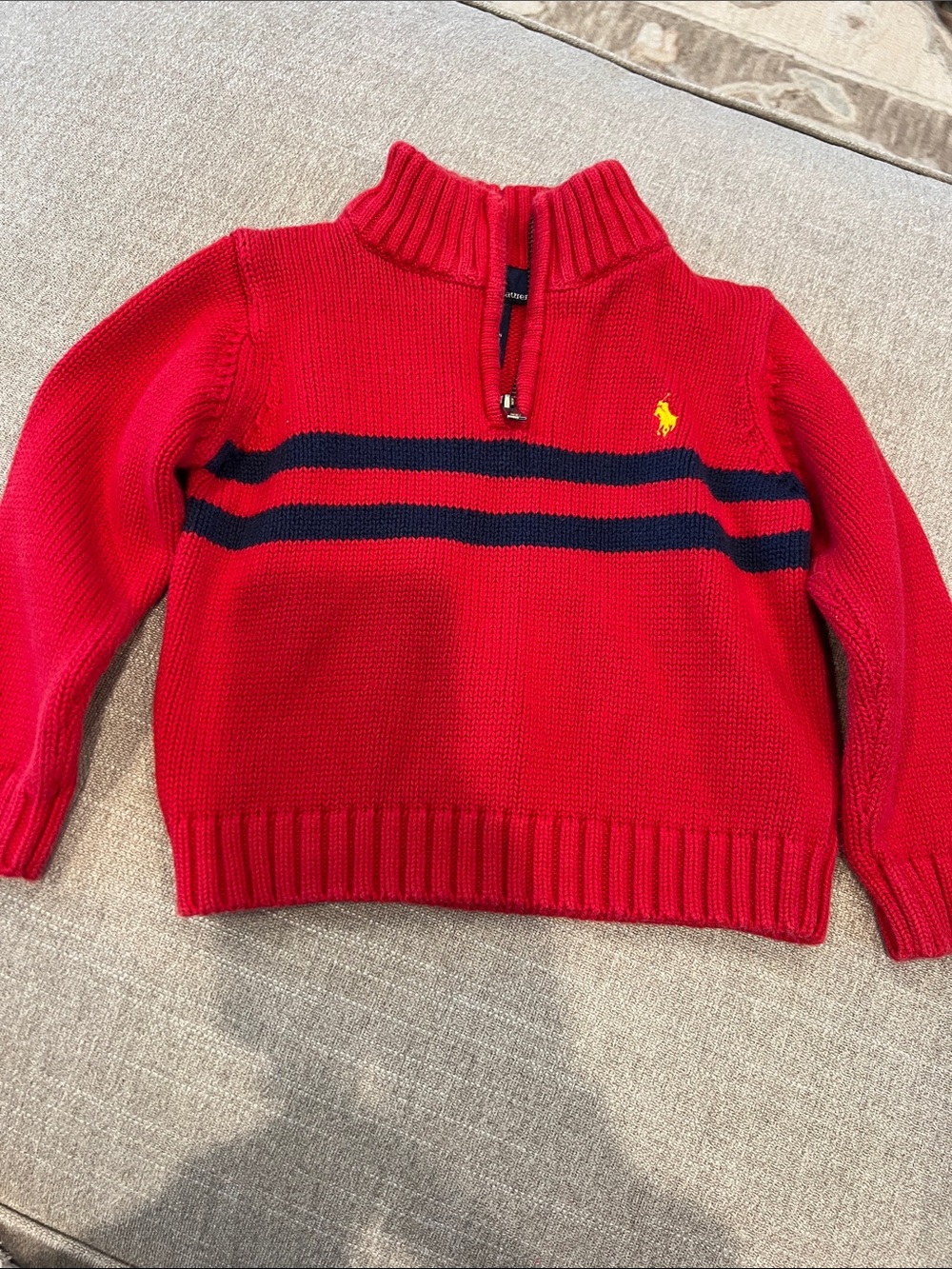 Ralph Lauren Red Half-Zip Sweater with Navy Stripes and Yellow Pony